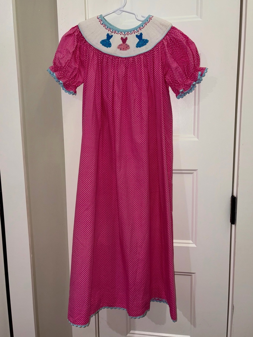 Castle & Crowns - Girls Pink Polka Dot Smocked dress with Blue Trim